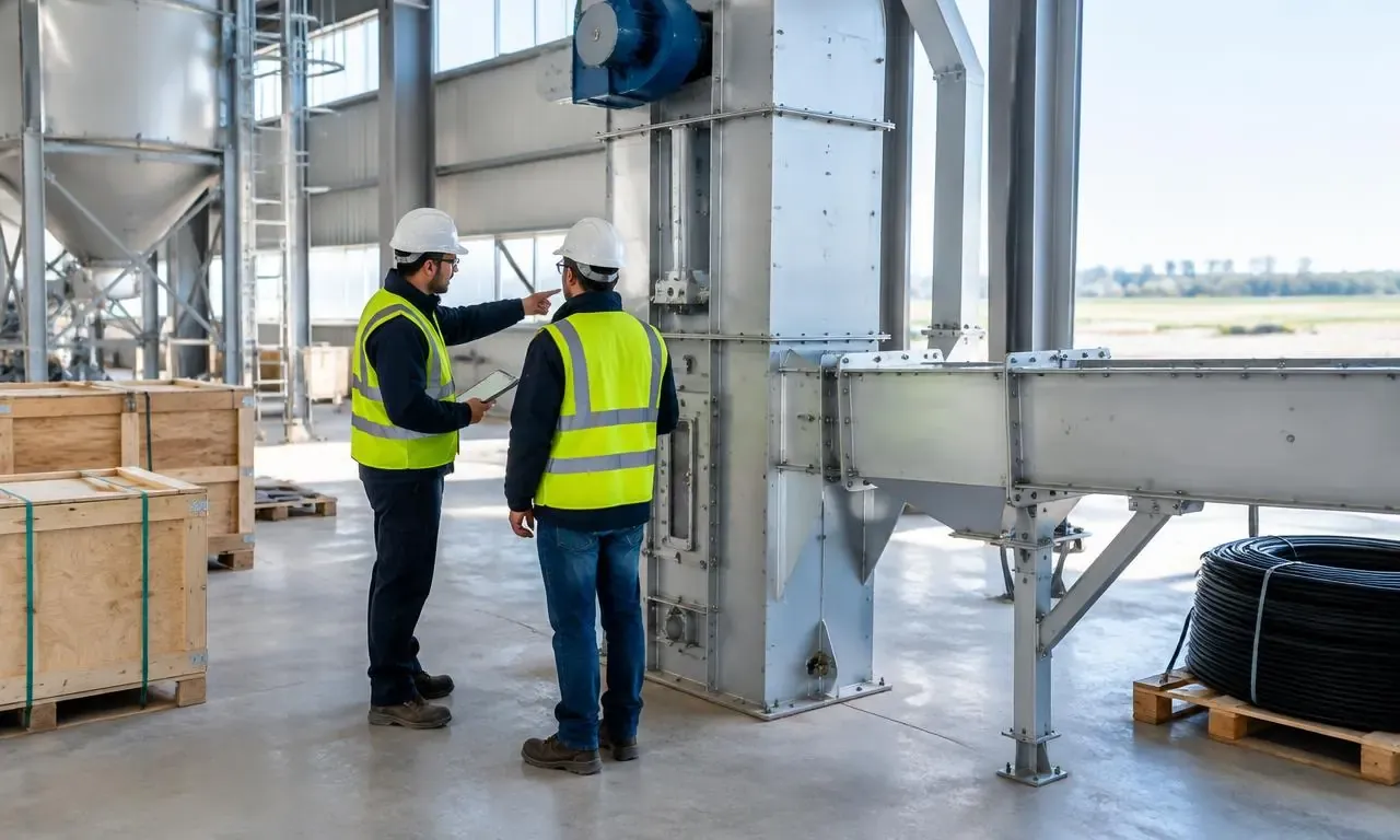 Engineers inspecting feed conveying equipment before commissioning