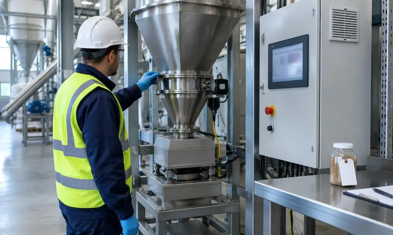 Technician inspecting a batch weighing hopper and control terminal