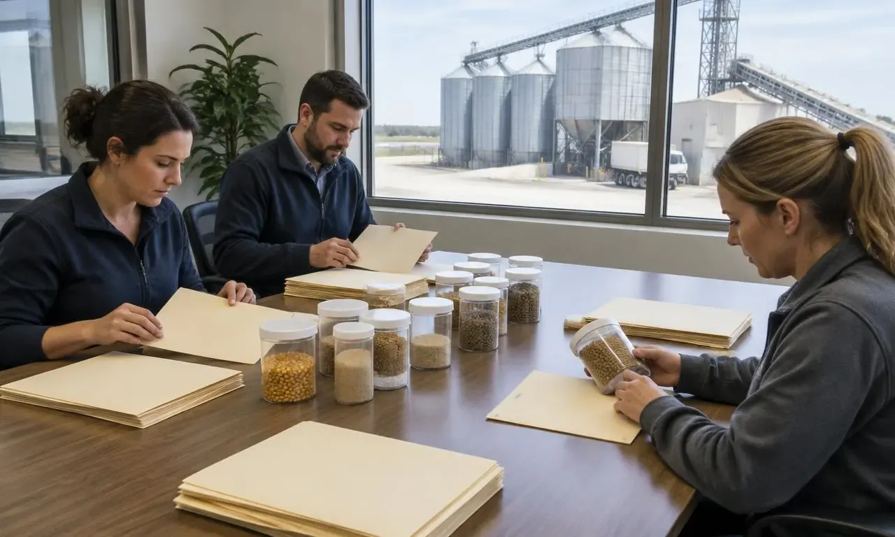 Procurement team organizing feed sample jars and request folders
