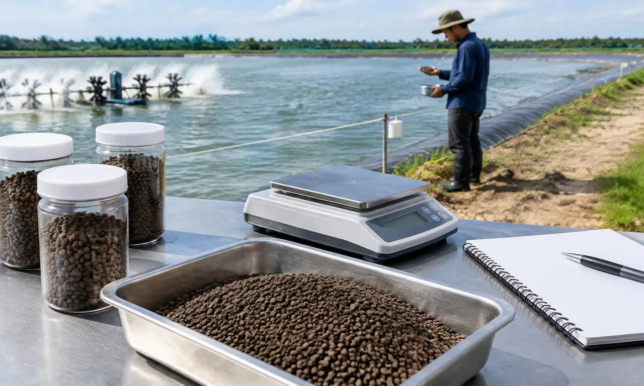 Shrimp feed pellets, sample jars and a scale beside an aquaculture pond