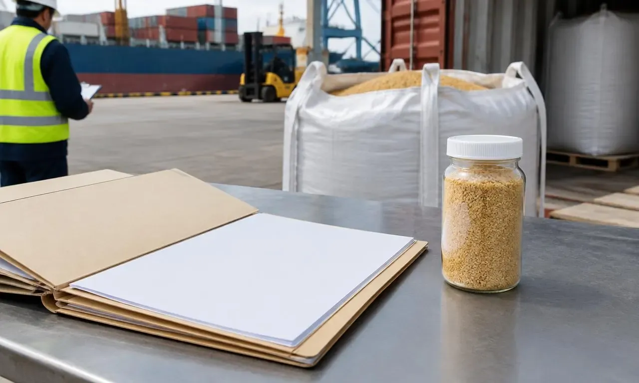 Shipping folders and a soybean meal sample beside a bulk shipment