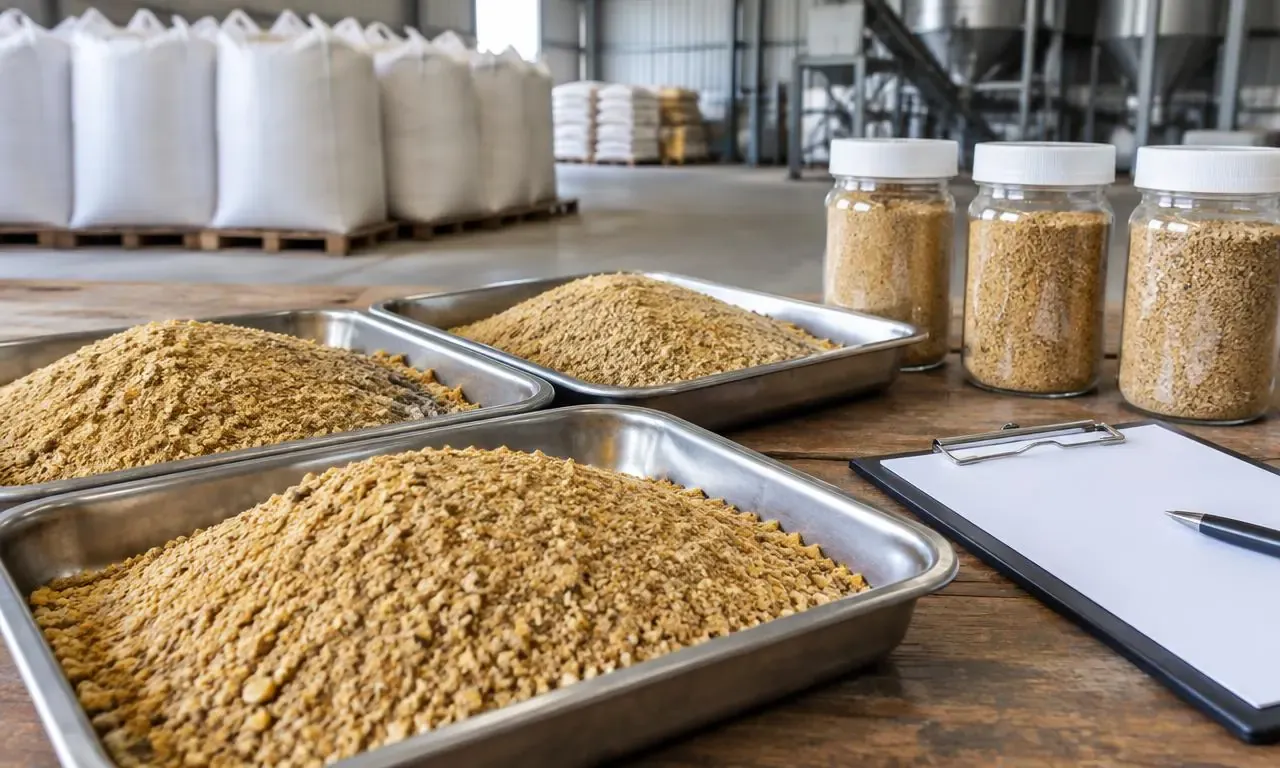 Meal samples and sealed jars beside a blank feed specification checklist