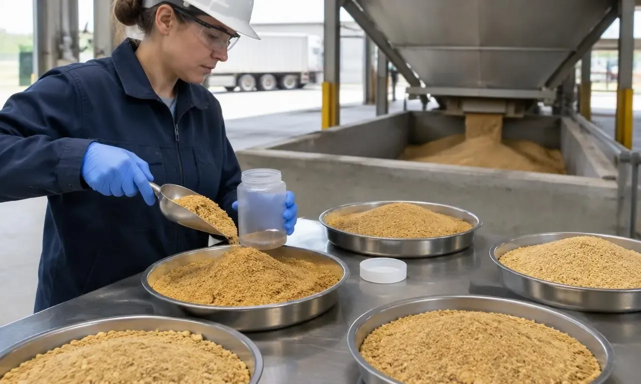 Technician collecting soybean meal samples at an ingredient receiving station