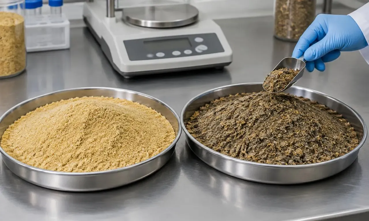 Échantillons de tourteaux de soja et de tournesol dans des plateaux distincts au laboratoire