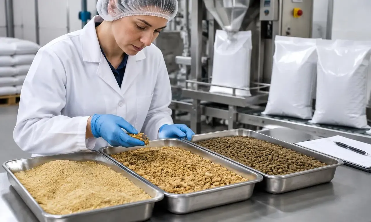 Technician inspecting swine feed meal, crumble and pellets at a bagging station
