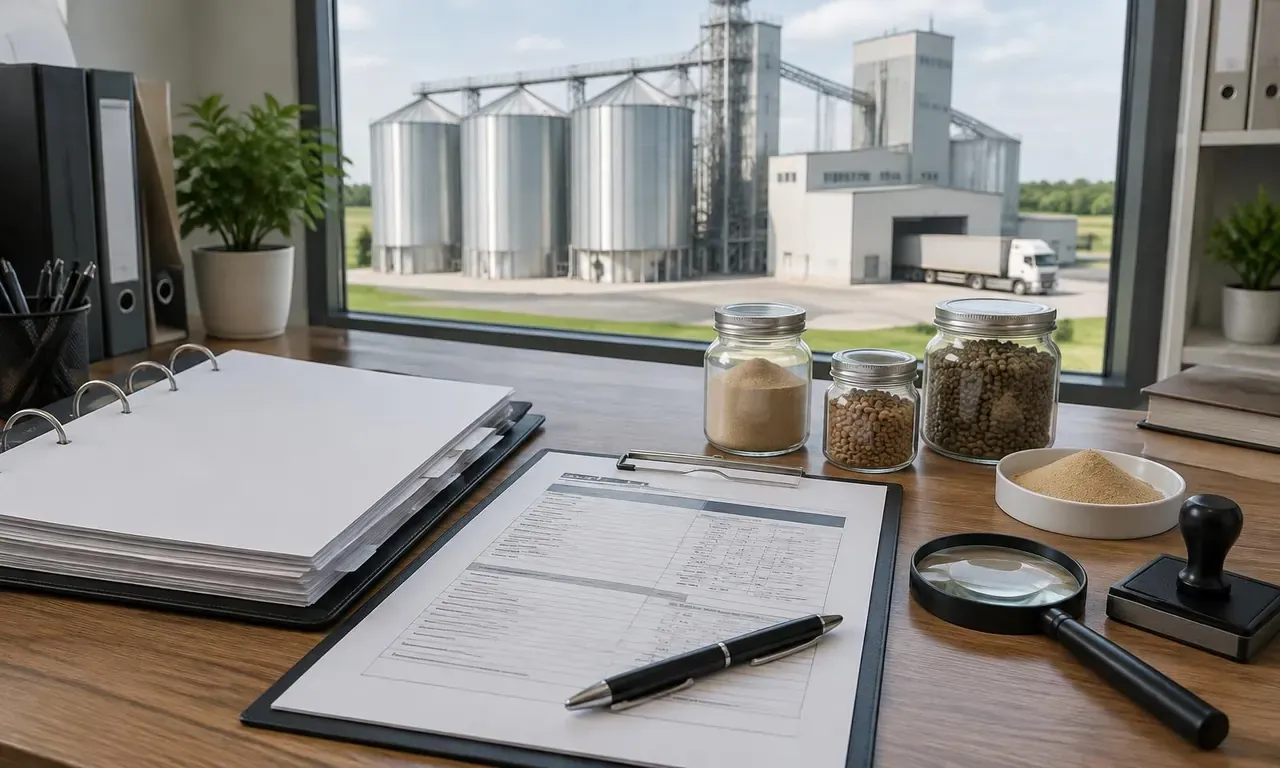 Feed compliance desk with a binder of registration documents, a certificate-of-analysis form, jars of premix and pellets, a magnifier and a stamp, with a feed mill and silos outside