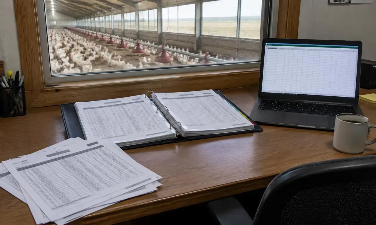 Farm office desk with an open binder of feed records, printed delivery sheets and a laptop spreadsheet, looking out over a broiler house