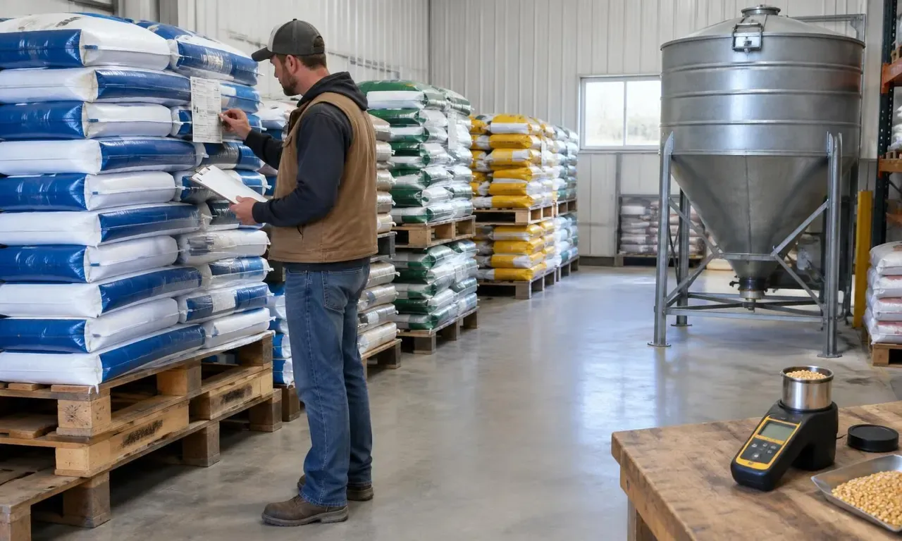 Farm worker checking a feed bag lot label with a clipboard in a dry store with pallets raised off the floor, a steel feed bin and a moisture meter