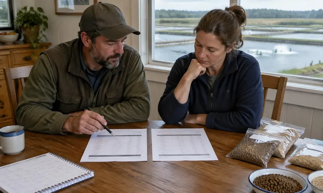 Two farm managers comparing two printed feed supplier quotes beside a calendar and feed sample bags, with fish ponds outside the window