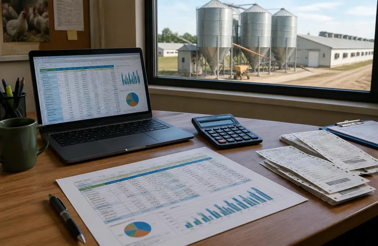 Poultry farm office desk with a feed budget spreadsheet, calculator and delivery tickets, feed silos outside the window