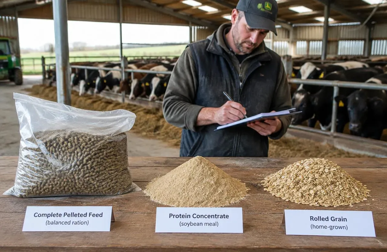 Dairy farm manager comparing labelled samples of complete pelleted feed, protein concentrate and home-grown rolled grain
