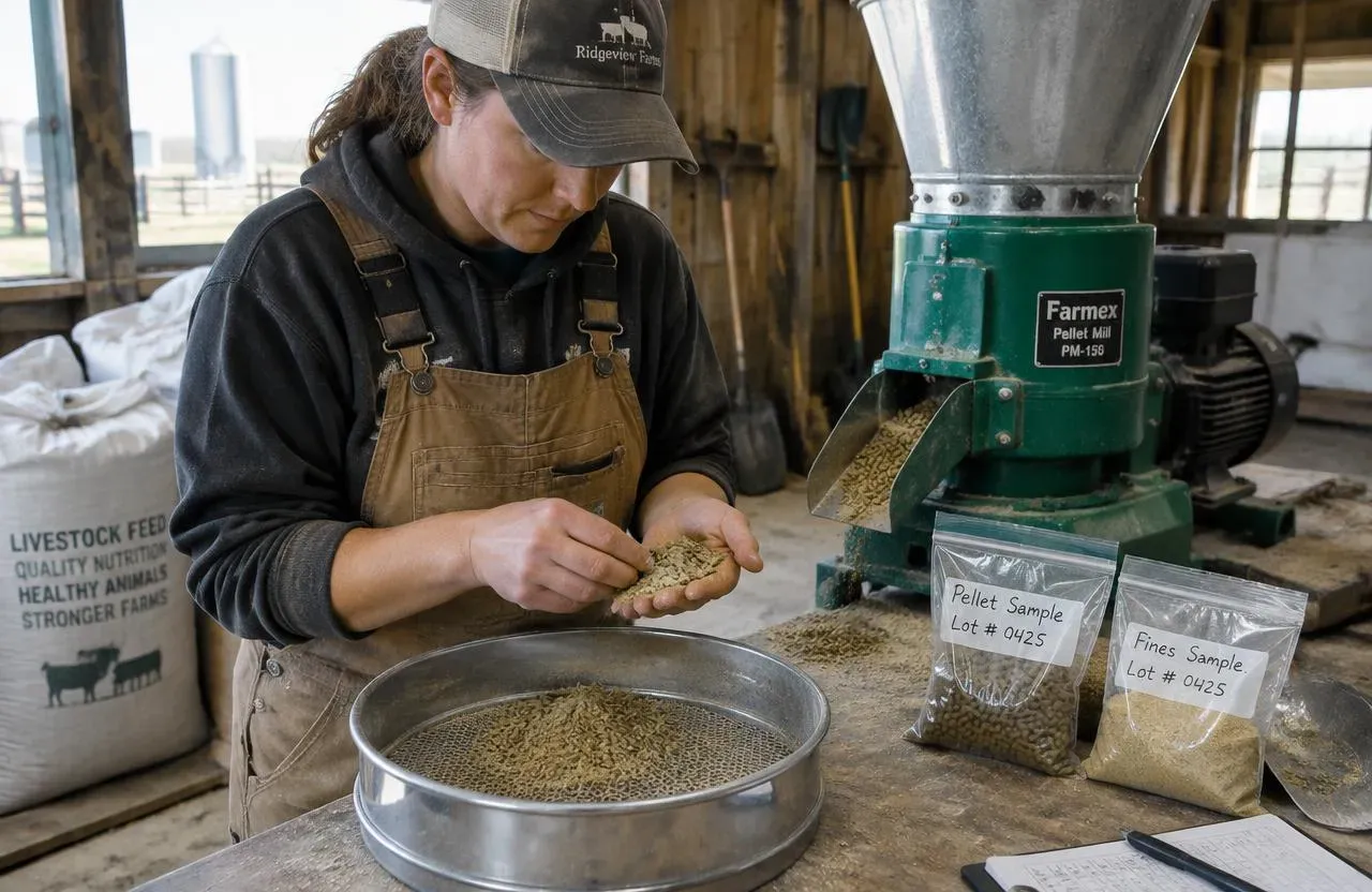 Farm worker checking broken pellets and fines from a small pellet machine, with a sieve and labelled sample bags on the bench