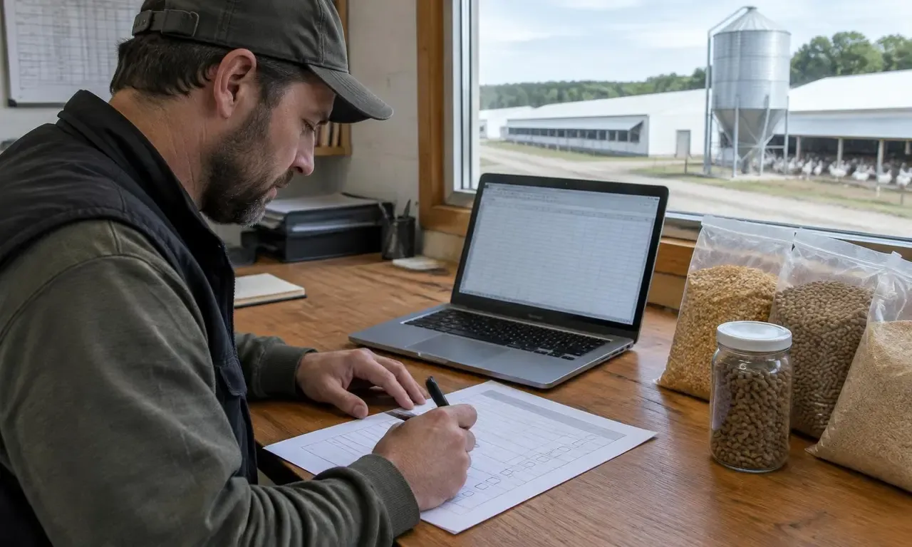 Farm manager filling in a printed feed request checklist beside a laptop, feed sample bags and a pellet jar, with poultry houses and a feed silo outside the window