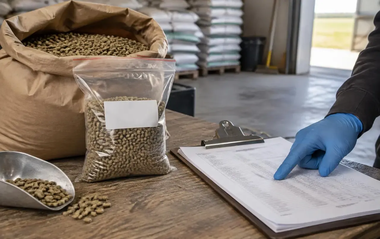 Rückstellmuster-Beutel Futter mit leerem Chargenetikett neben einem offenen Pelletsack, während eine behandschuhte Hand ein Analyseblatt auf dem Klemmbrett prüft — illustratives Bild, erstellt für FeedMatch