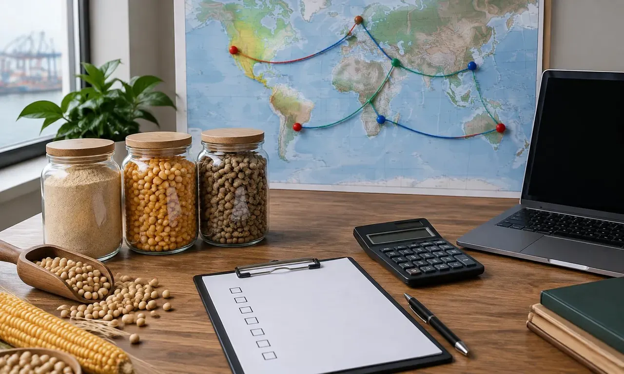 Feed trade planning desk with a world map marked with routes, jars of soybean meal, maize and pellets, a blank checklist, a calculator and a laptop