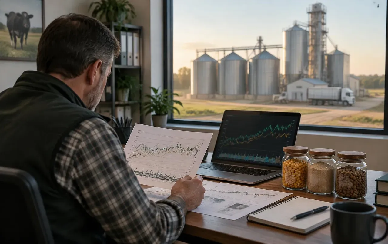 Responsable achats d’aliments examinant des graphiques de marché imprimés et une courbe de prix sur un ordinateur portable, à côté de bocaux de maïs, de tourteau de soja et de granulés, avec des silos et une usine d’aliments derrière la fenêtre