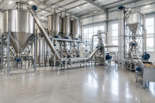 Feed mill with storage silos and processing lines