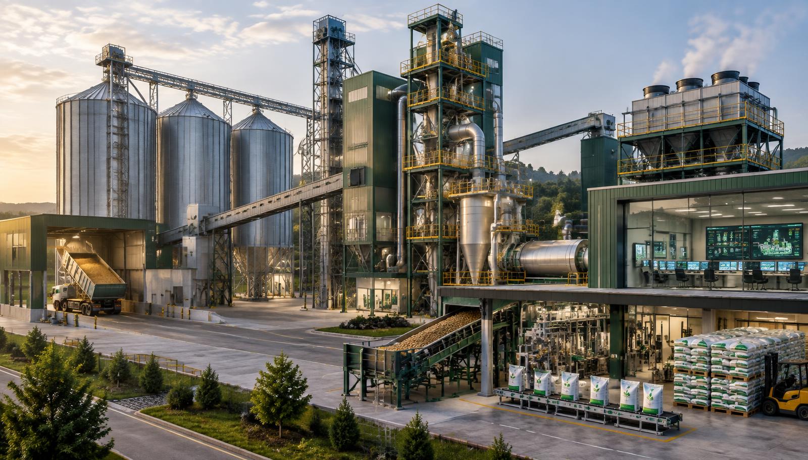Modern animal feed production plant with raw-material silos, grinding and pelleting towers, cooling equipment, bagging line and a control room