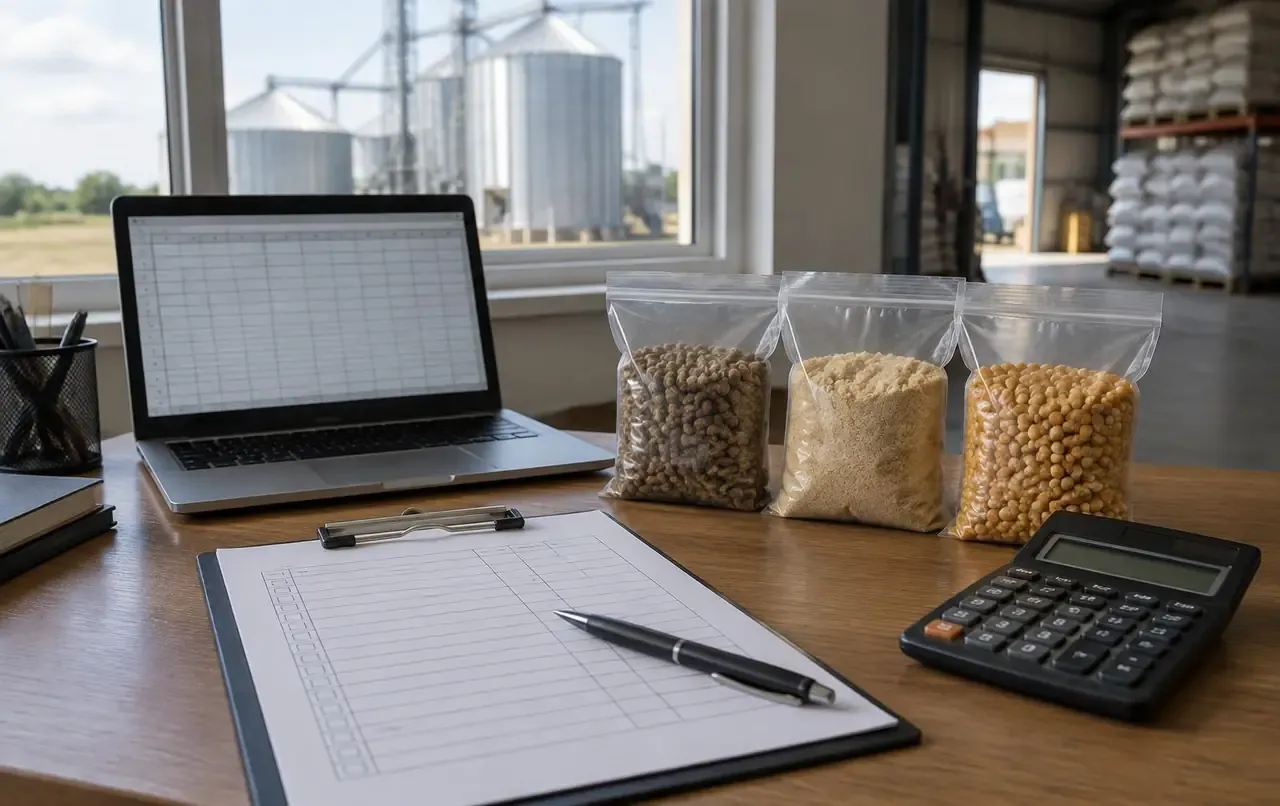 Feed mill office desk with a blank checklist on a clipboard, a calculator, a laptop showing an empty spreadsheet and sample bags of feed pellets, soybean meal and maize, feed silos outside the window