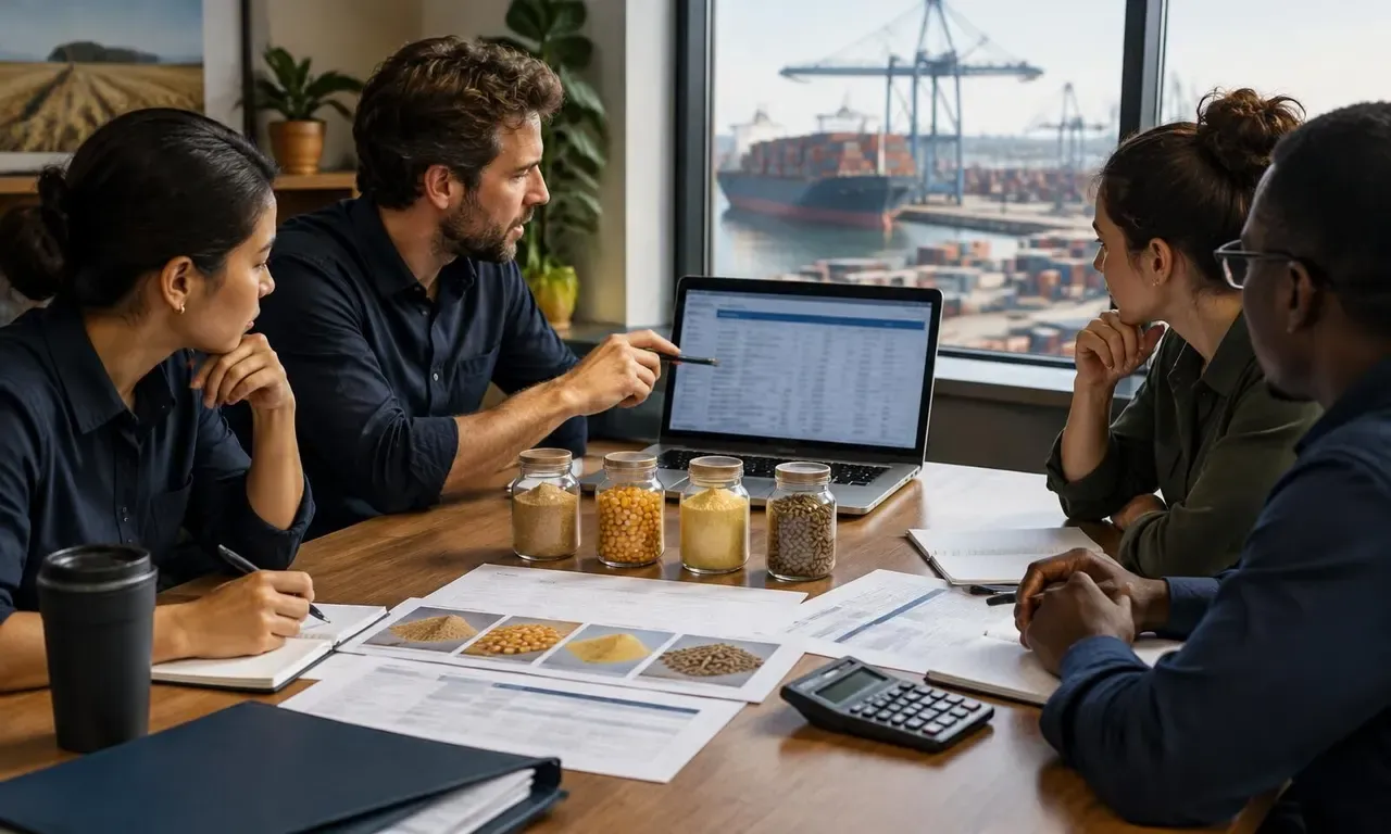 Feed procurement team reviewing ingredient sample jars of soybean meal, maize, premix and pellets beside specification sheets, a calculator and a laptop supplier list, with a container port outside