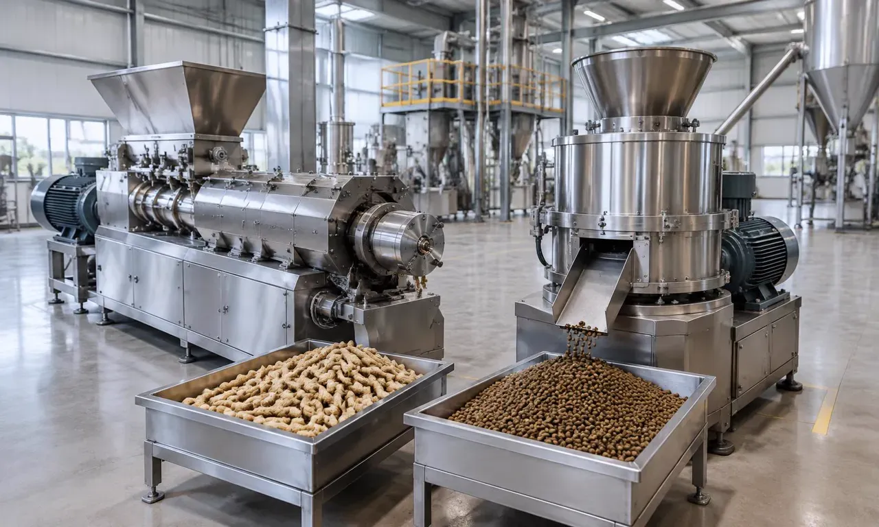 A feed extruder and a pellet mill side by side with extruded feed and pellets in trays