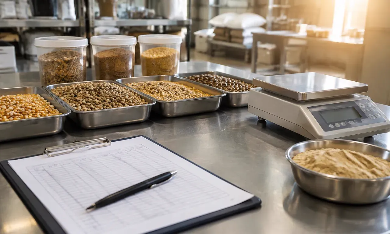 Feed samples in lab trays beside a blank data sheet and a digital scale for feed conversion review