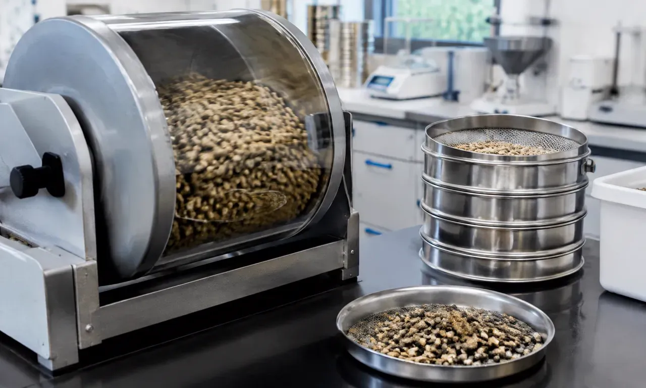 Feed pellets in a durability testing drum with sieved pellets on a laboratory bench