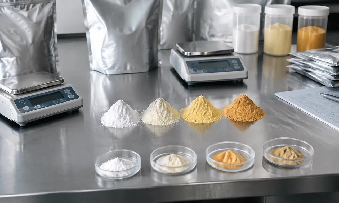 Polvos de premezcla pesados con precisión en una mesa de acero inoxidable, con microbalanzas y bolsas de aluminio selladas