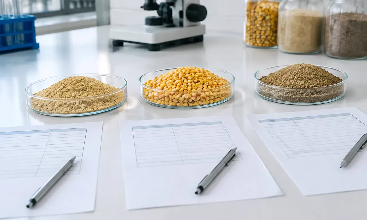 Soybean meal, corn and fishmeal samples in laboratory dishes with blank specification sheets