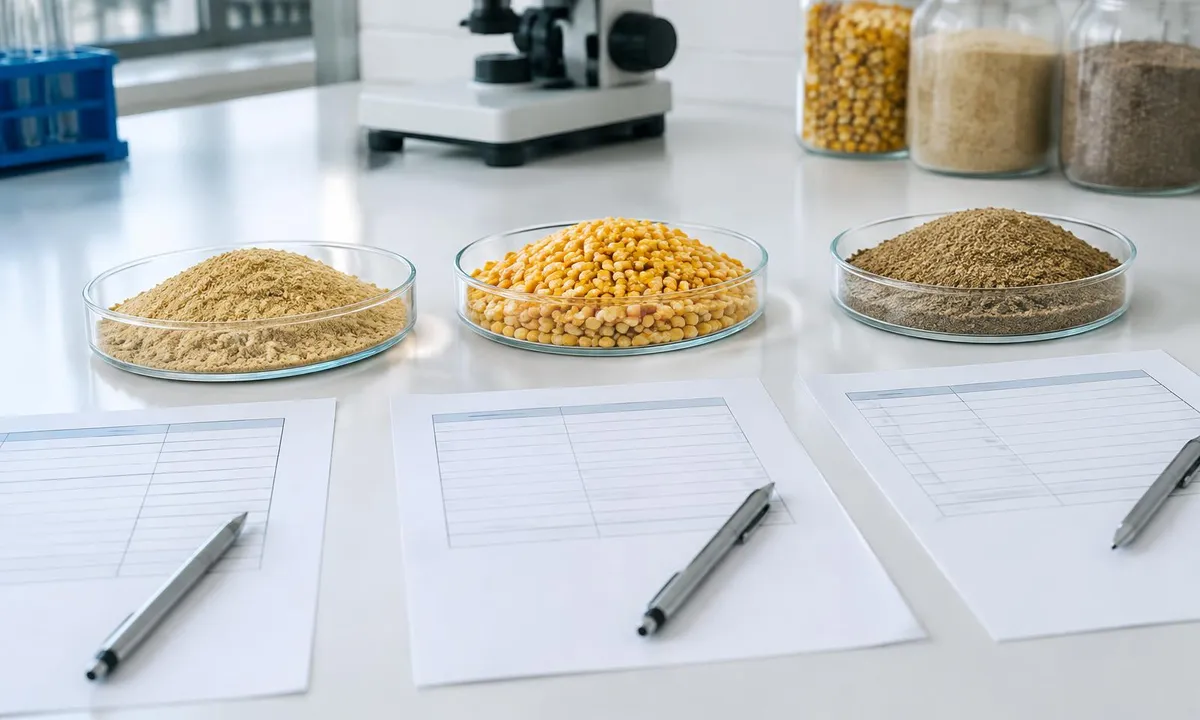 Feed raw-material samples prepared for specification and quality review