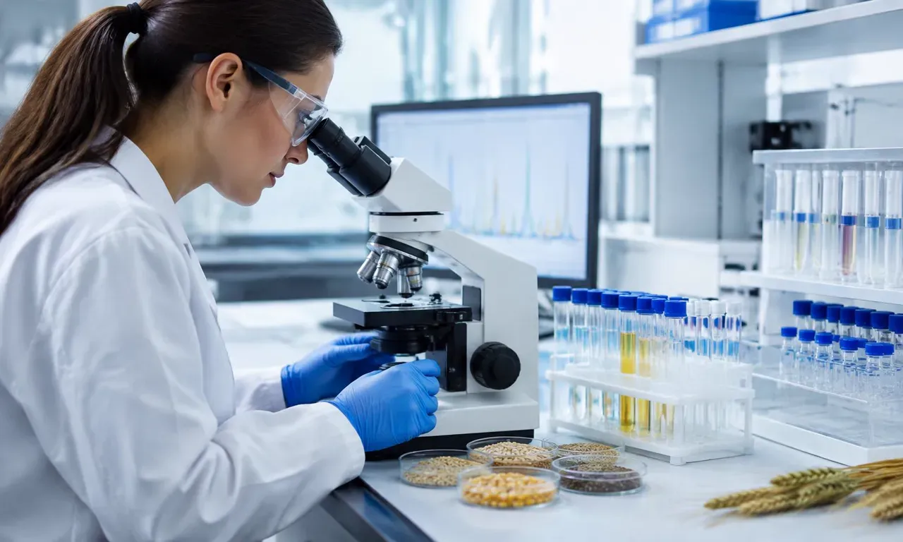 Laboratory analyst examining grain samples under a microscope for feed safety testing