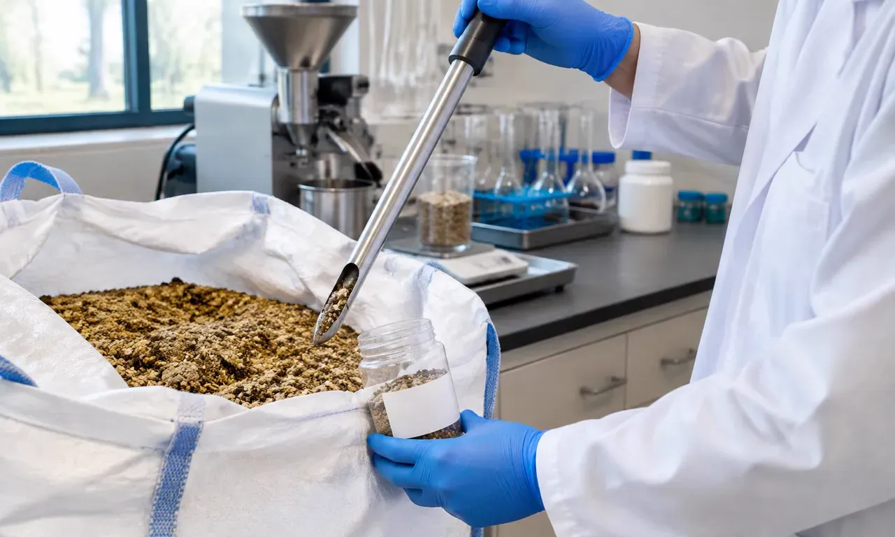 Technician drawing a feed sample with a sampling probe from a bulk bag into a sample jar