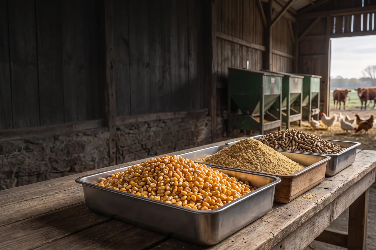 Illustrative animal feed ingredients — maize, soybean meal and feed pellets in sampling trays inside a shaded farm barn, with feed bins, cattle and poultry in the background
