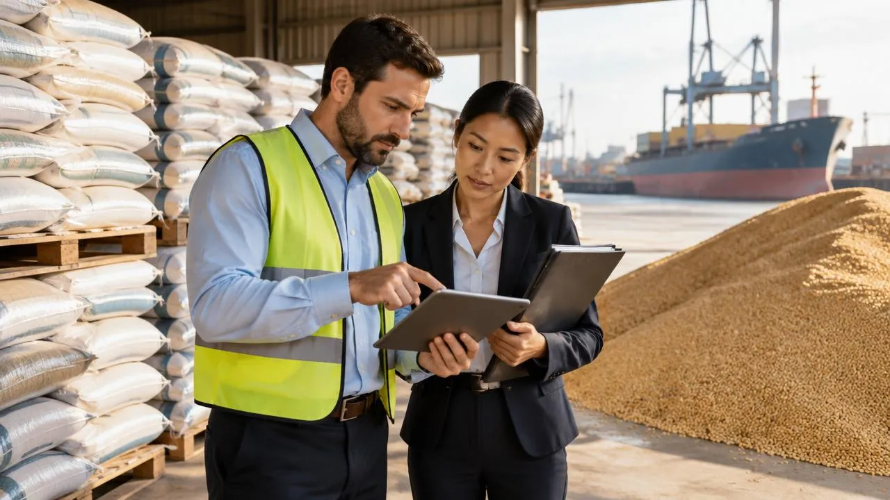 Animal feed financing: feed buyer and trade-finance officer review a soybean meal purchase in a port warehouse