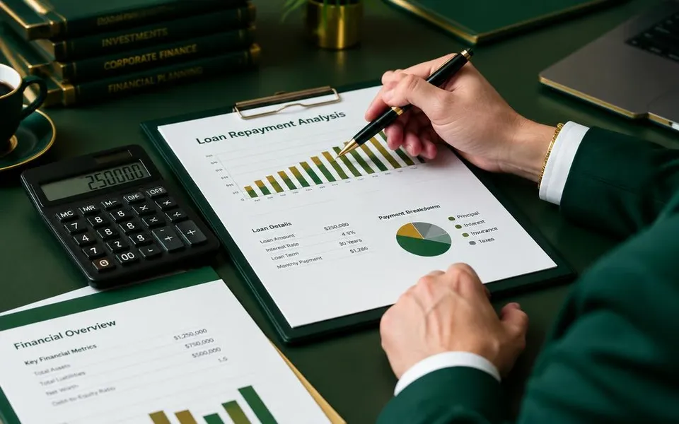 Loan repayment analysis charts and calculator on a finance desk
