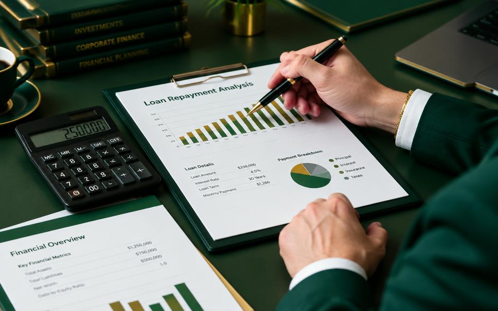 Loan repayment analysis charts and calculator on a finance desk