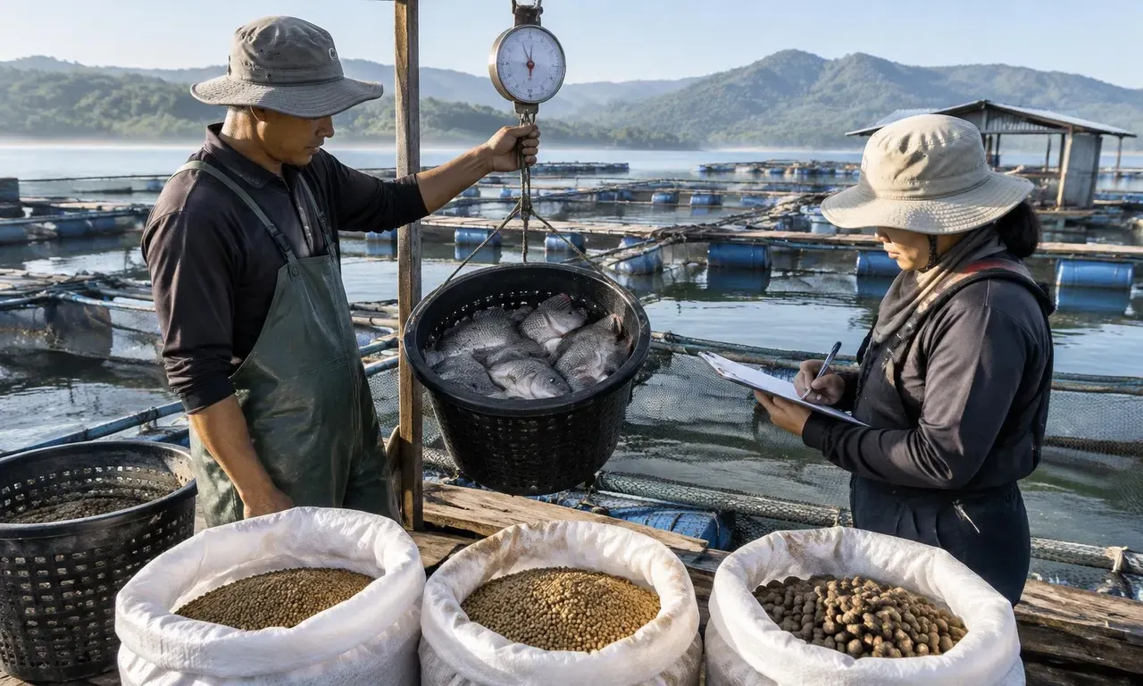 Tilapia cage farm workers weighing a basket of fish on a hanging scale and recording it, with three feed bags of different pellet sizes in front