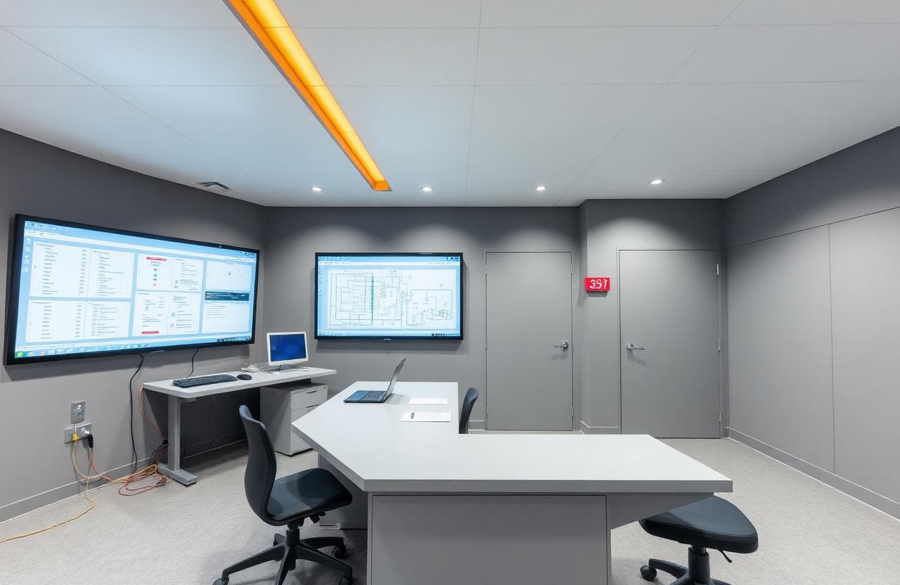 Feed mill control room with automation screens showing process schematics