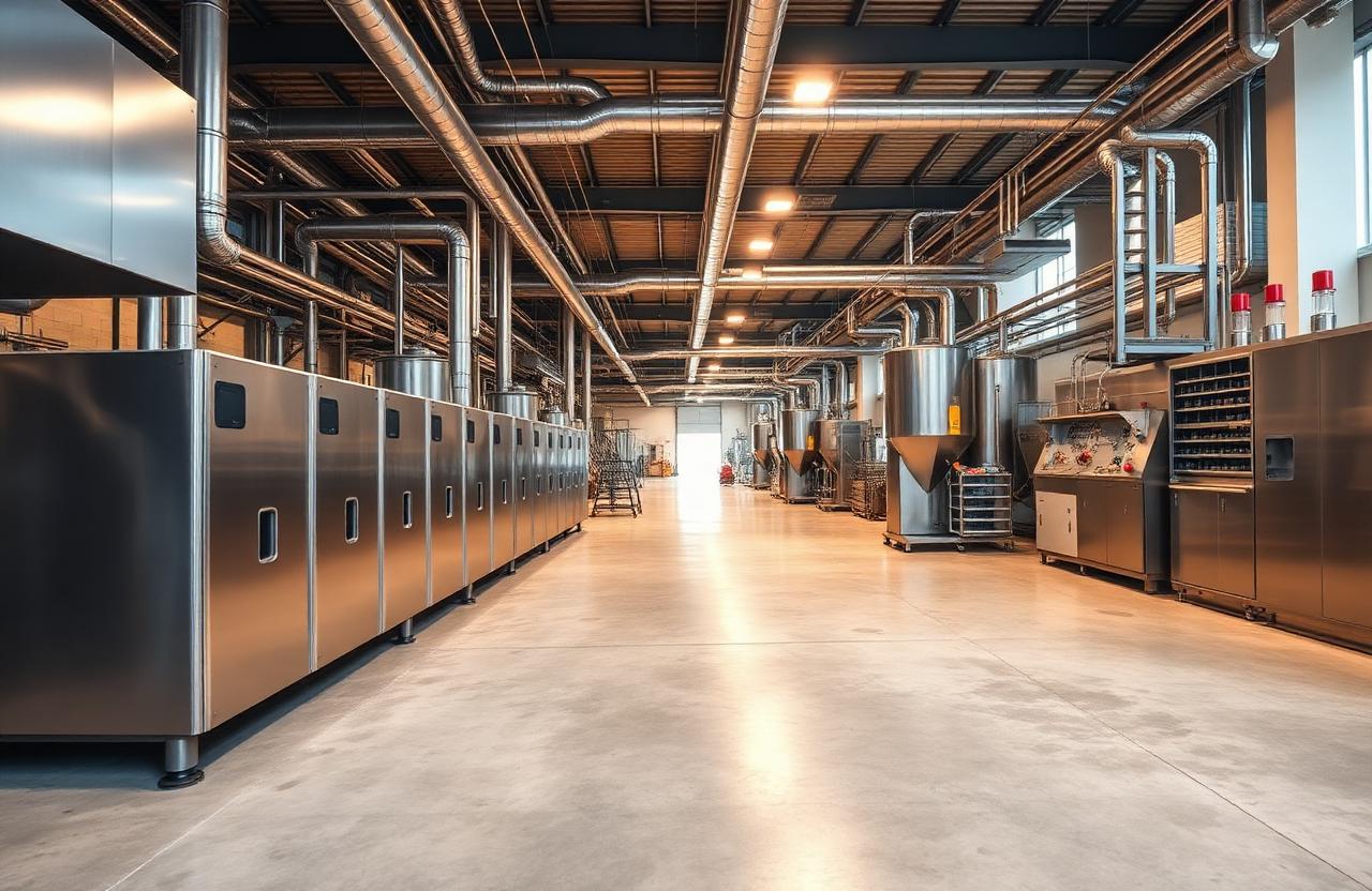 Pelleting line inside a commercial animal feed mill, with grinding, conditioning and cooling equipment in sequence