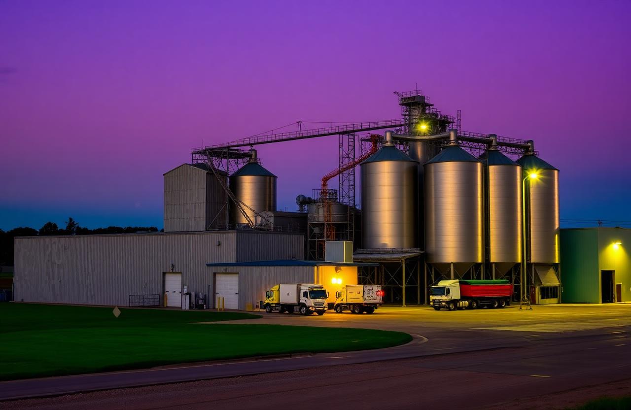 Feed mill exterior with raw material silos and truck loading bays at dusk
