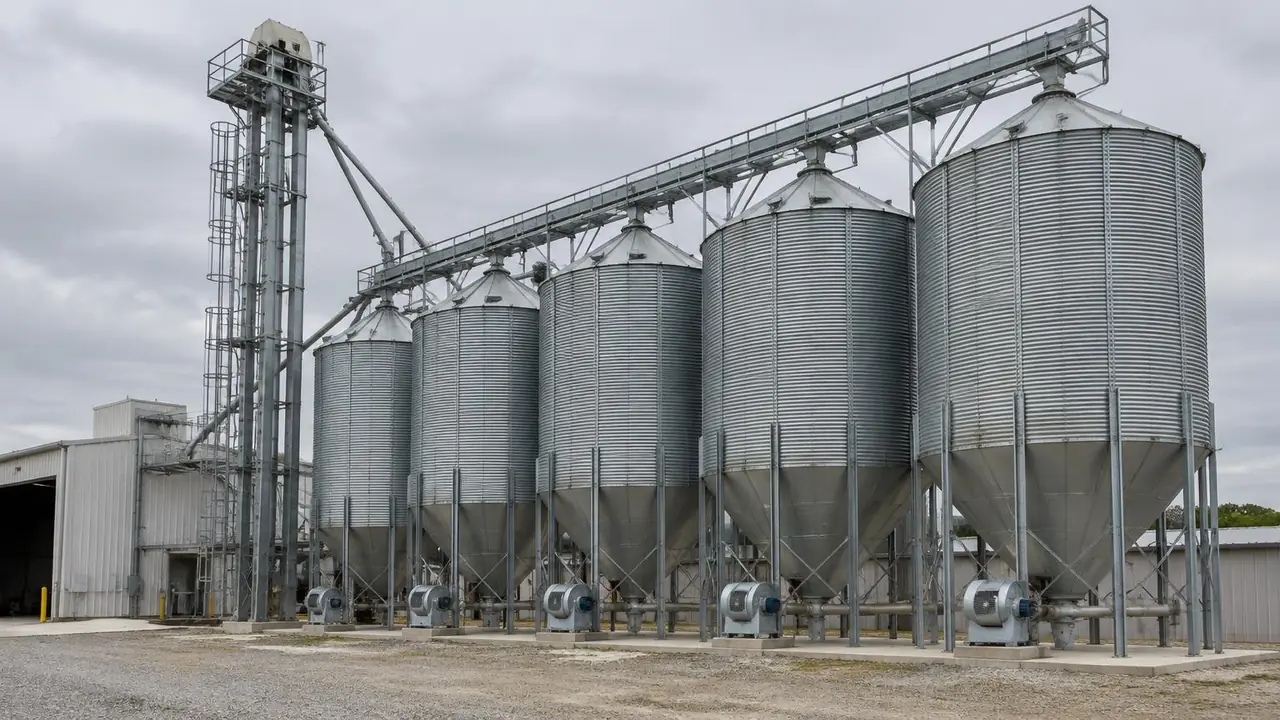 Rangée de silos galvanisés à fond conique dans une usine d’aliments, avec un élévateur à godets, une passerelle de convoyage et des ventilateurs à la base de chaque silo