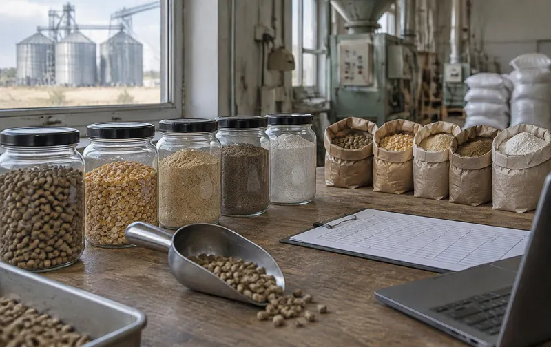 Sample jars and bags of feed pellets, cracked maize, soybean meal and mineral premix on a bench in a feed-mill quality room
