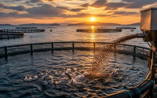Illustrative image: feed pellets spread over a sea-cage fish pen at sunset