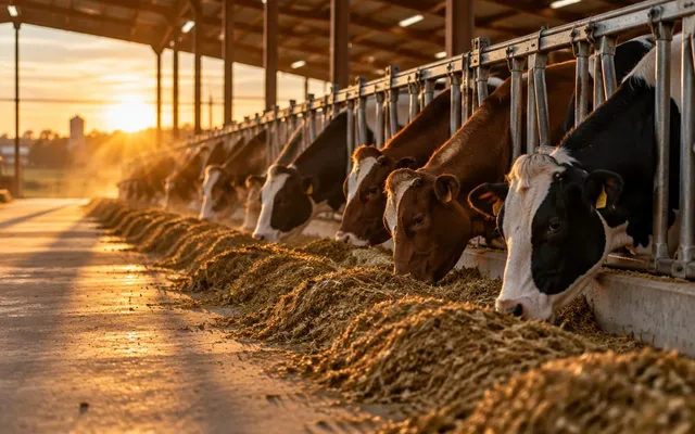Illustrative image: dairy and beef cattle eating a mixed ration along a barn feed alley at sunrise
