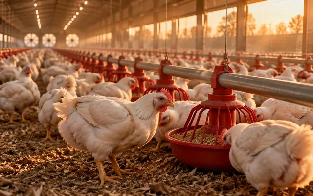 Illustrative image: broiler chickens at red pan feeders in a sunlit poultry house