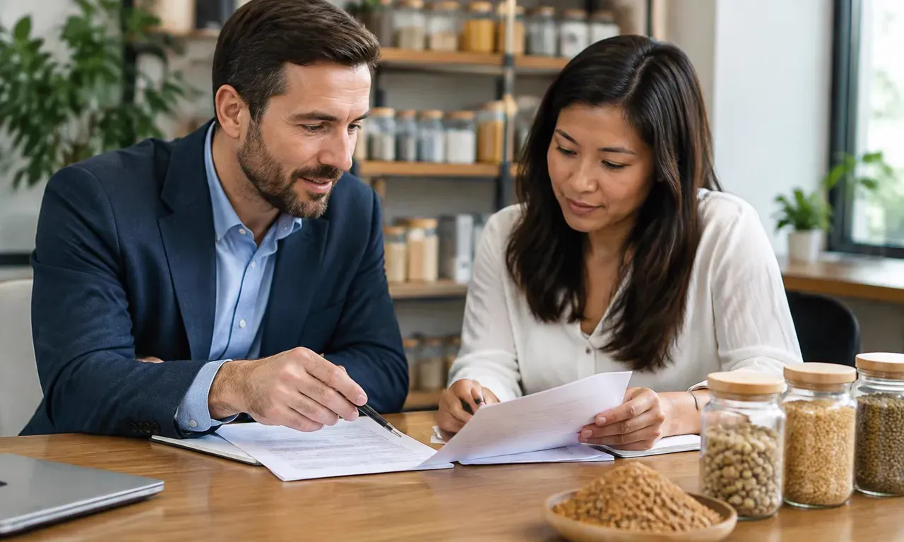 Conseiller en achats et acheteur d’aliments examinant des devis avec des échantillons d’aliments