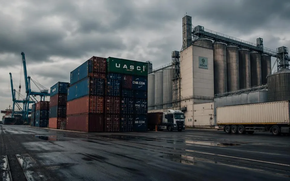 Shipping containers and grain silos at a port terminal with trucks