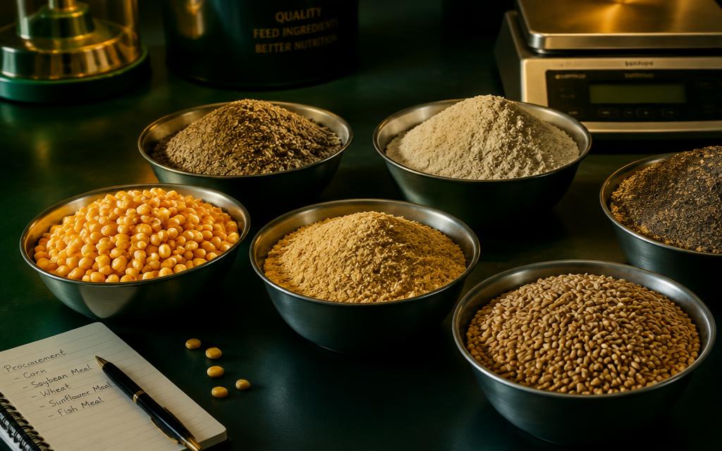 Animal feed raw ingredients — corn, soybean meal, wheat, sunflower meal and fish meal — weighed for a least-cost blend