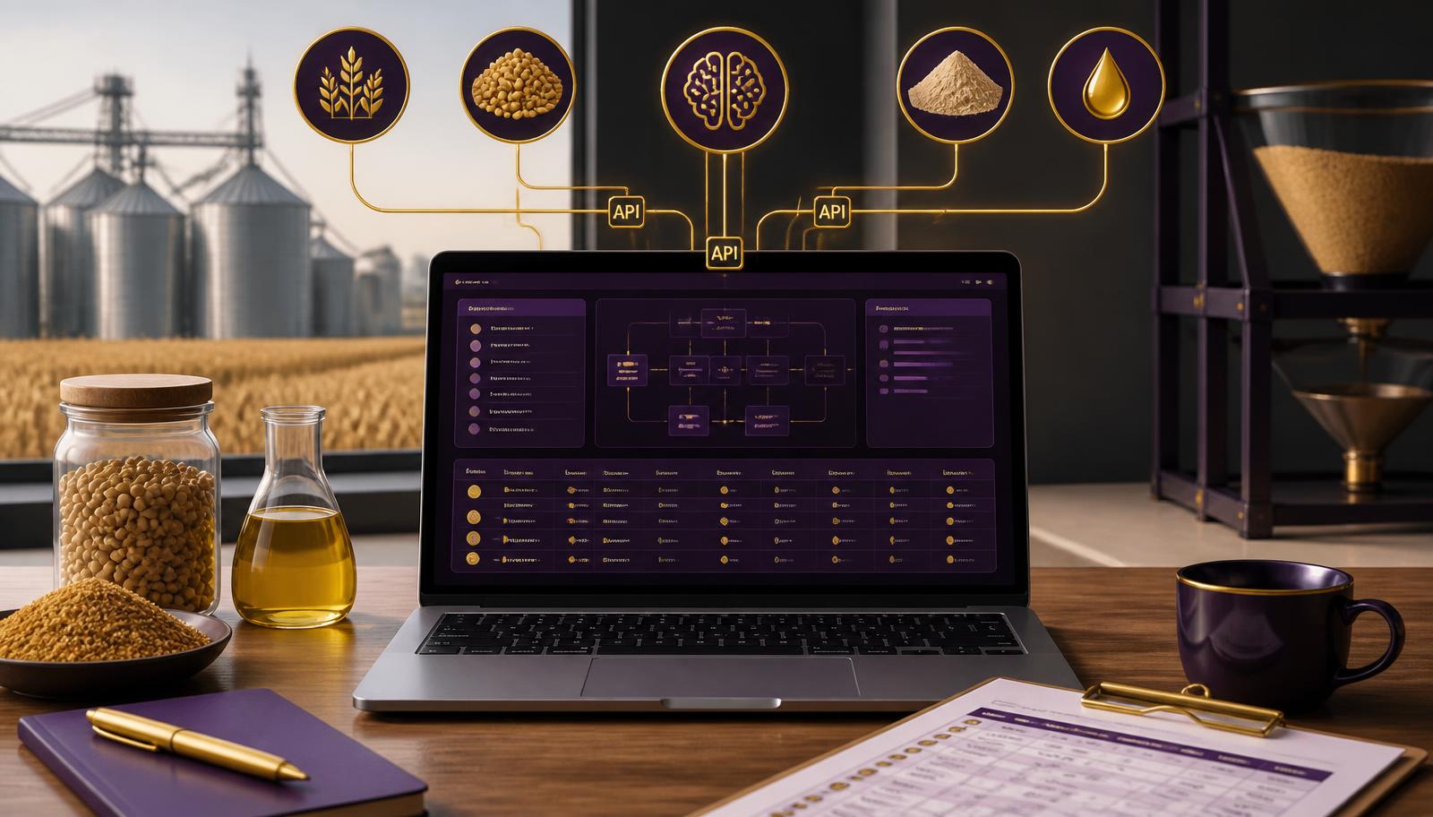 Laptop showing structured feed ingredient specification data connected by APIs to an AI assistant