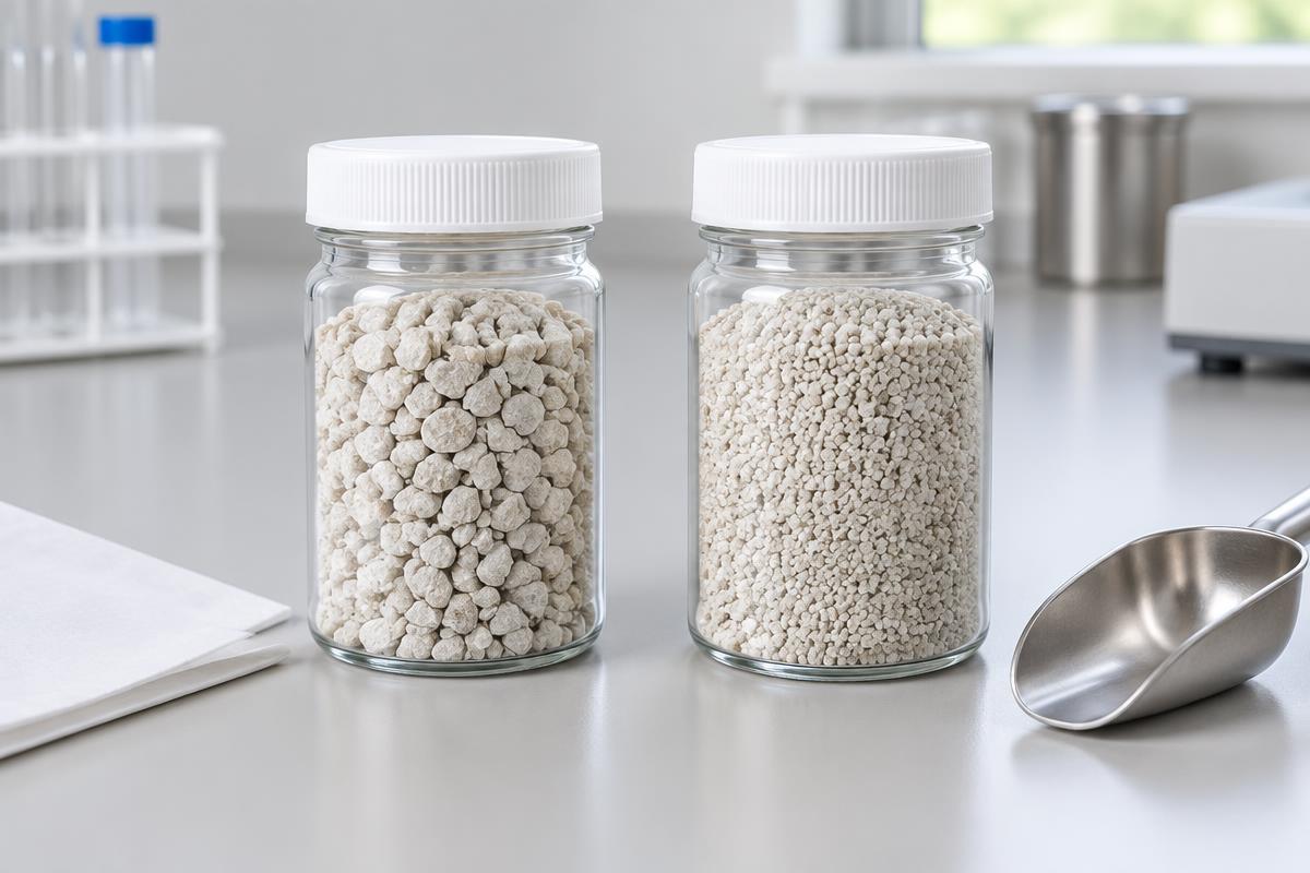 Illustrative laboratory sample jars containing light-colored mineral granules; not verified MCP or DCP products